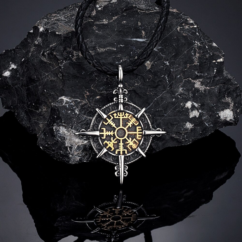 Collar con brújula vikinga de Color dorado Retro para hombre, amuleto de runas nórdicas de acero inoxidable antiguo, colgante Vegvisir Homme, joyería islandesa: Rojo-marrón