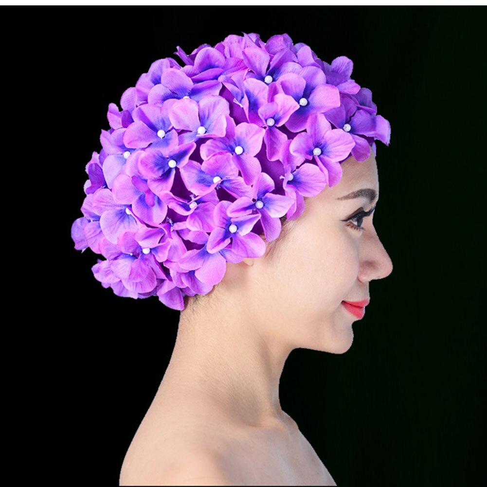 Kvinner badehette unik blomsterdykking strand myk beskyttelse vannsport fri størrelse langt hår solid elastisk håndlaget pustende