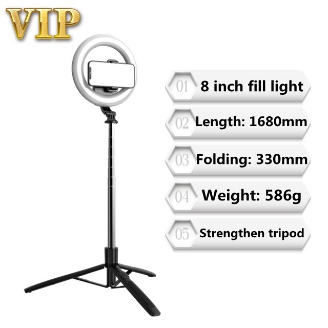 Cool dier 1680mm stor trådløs selfiestang stativ sammenleggbar led-ringfotograferingslys med bluetooth-kompatibel lukker: Vip svart