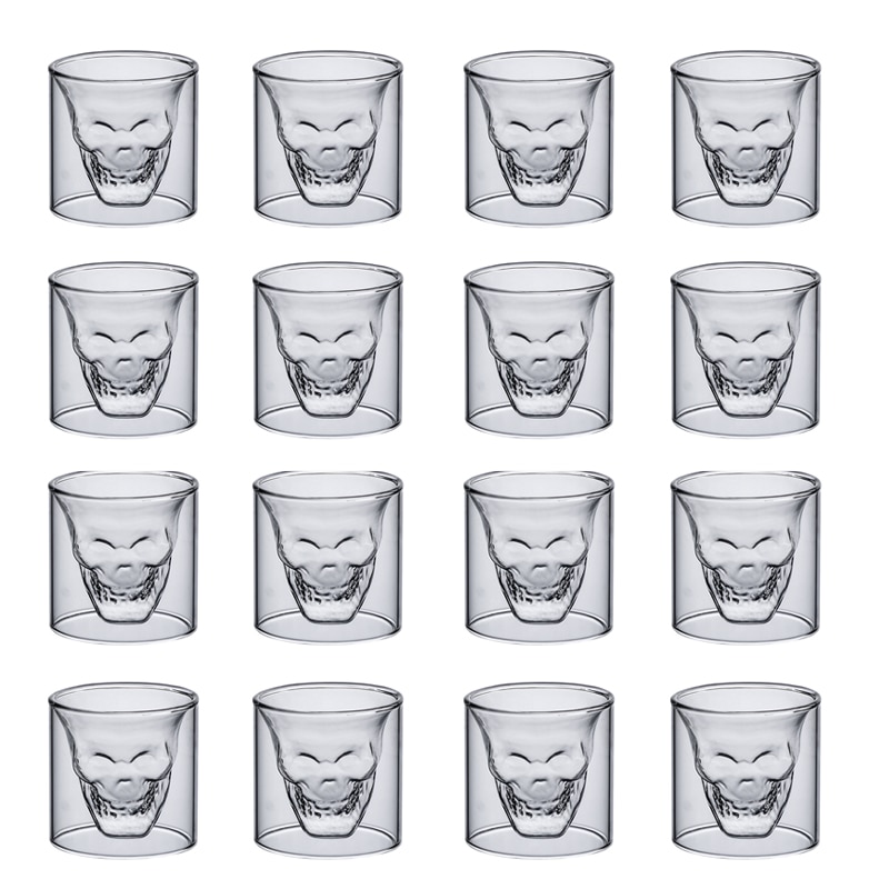 2-16Pcs Skull Cup 25Ml Dubbel Transparant Glas Bier Whiskey Vodka Wijn Water Champagne Cocktail Wijn Bril koffie Melk Mokken