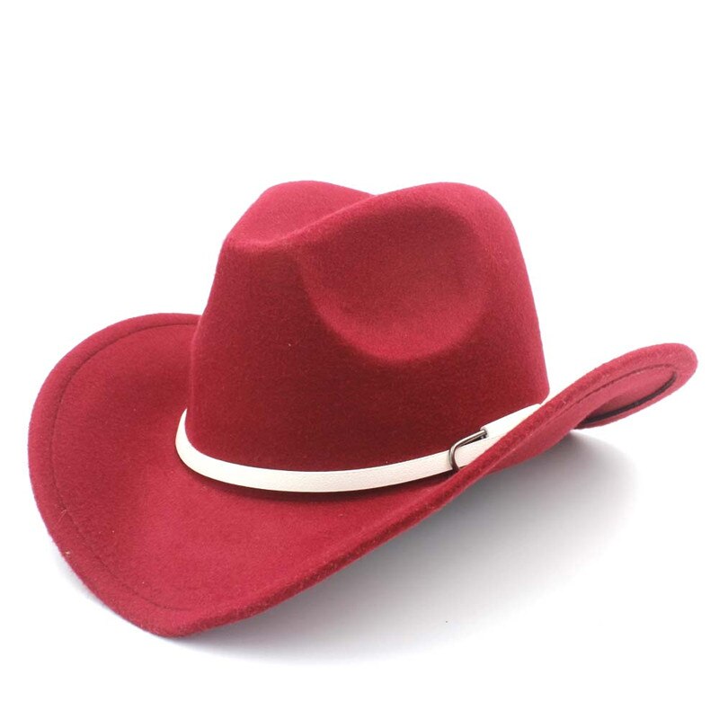 retro kvinner menn ull vestlig cowboyhatt rull-opp avlet kant filt cowgirl jazz gudfar sombrero lokk med hvitt belte størrelse 56-58cm: Vinrød