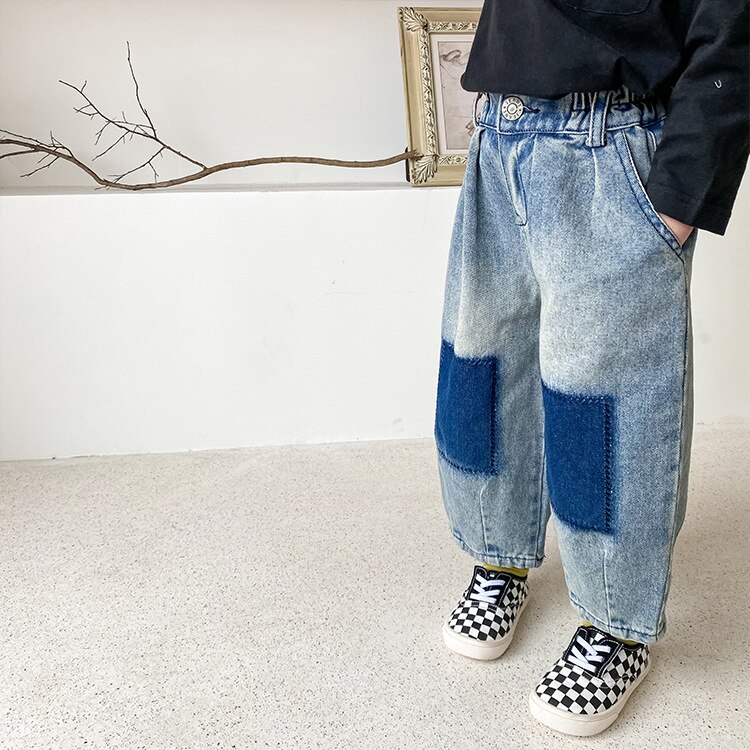 Stile coreano 2022 jeans patchwork moda ragazzi moda pantaloni larghi in denim lavaggio sabbia 1-7Y