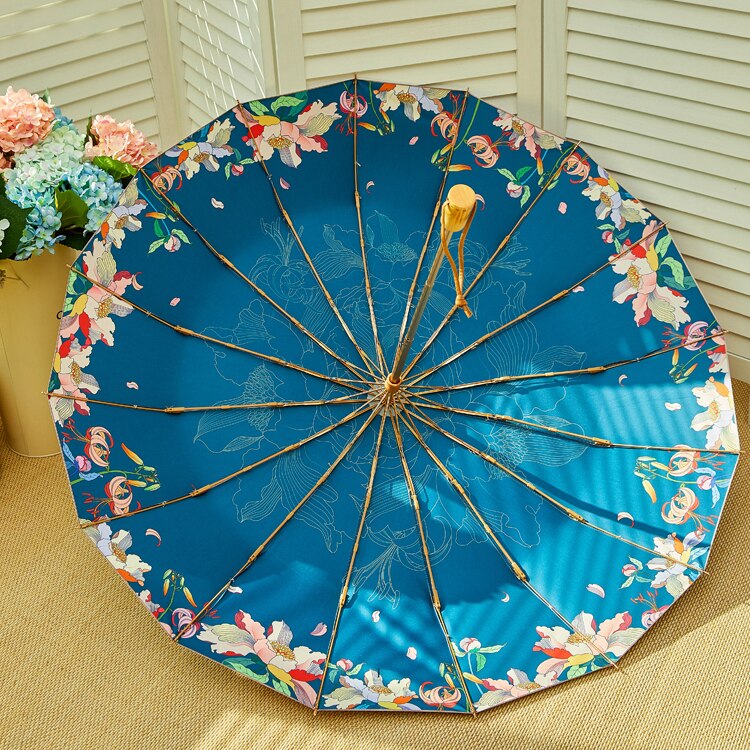 Japanse stijl bloemen paraplu regen vrouwen anti uv zonneparaplu houten handvat drie opvouwbare paraplu's zilveren coating 16k parasols: Marine-binnenkant
