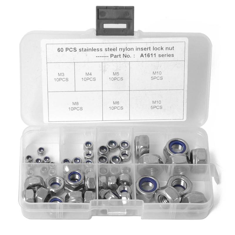 60 304 Stainless Steel Lug Nuts Wheel Hexagon Lock Nuts Nylon Insert Self Locking Nuts Wheel Bolts M3-M12 M3-M10 Nuts