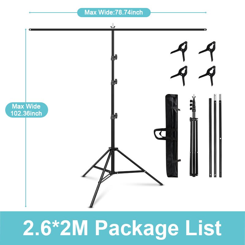 T Type Vorm Photo Studio Achtergrond Statief Ondersteuning Met Lente Clip Foto Achtergronden Voor Chroma Key Groen Scherm Fotografie: 2X2.6M kit