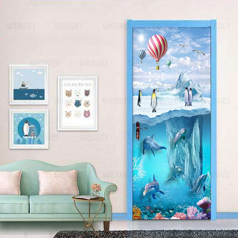 PVC Self Adhesive Waterproof Photo Wall Mural Door Sticker Wallpaper 3D Iceberg Penguin Dolphins Children's Bedroom Wallpaper 3D
