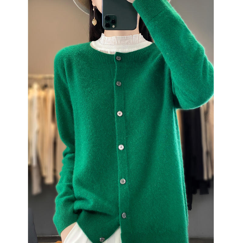 Kvinder 100%  merinould cardigans cashmere sweater efterår vinter o-hals langærmet strikvarer dame basistøj toppe: Xl / Grøn