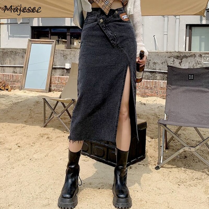 Rokken Vrouwen Denim All-Match Retro Losse Zijsplit Leisure Onregelmatige College Sexy S-5XL Hoge Taille Ulzzang Mode