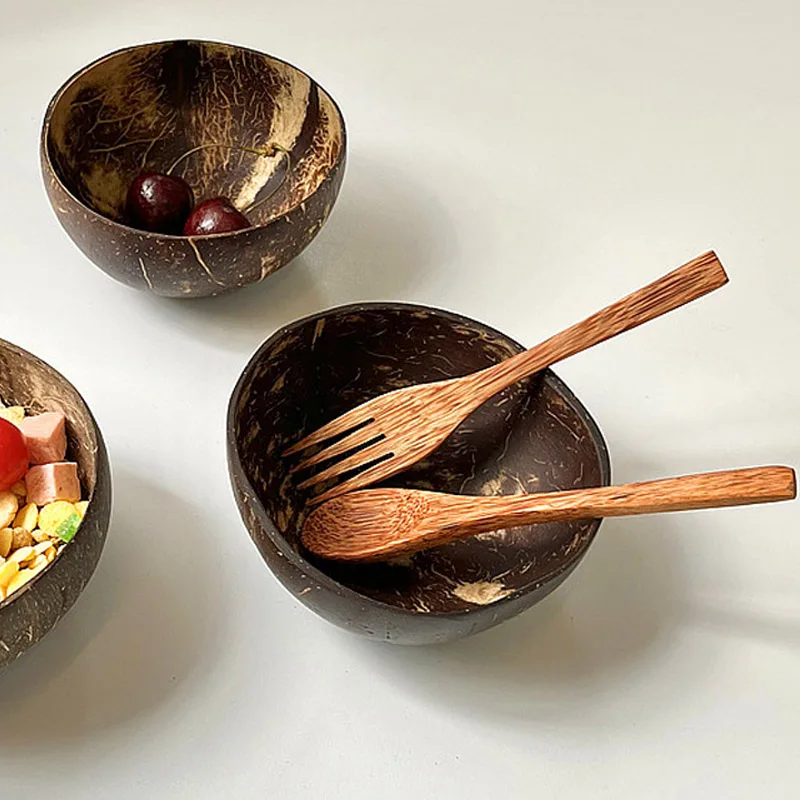 Natuurlijke kokosnoot houten handgemaakte lepel vork mes voor eten voor dessert fruitsalade mengen houten handgemaakt kokosnoot servies