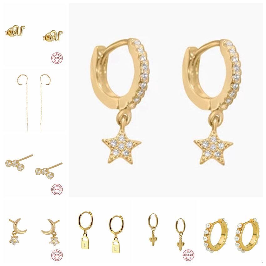 Pendientes de plata de ley 925 auténtica para mujer y niña, aretes de estrella de circonita, Color dorado y plateado, Huggie, Arete de aro, A30