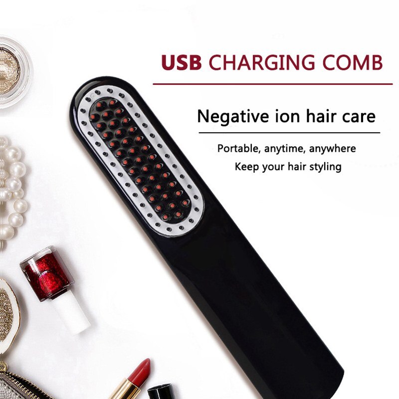 2 i 1 usb oppladbar multifunksjonell hårkam Curling rett jern keramisk oppvarmet hiar straighrening til menn kvinner