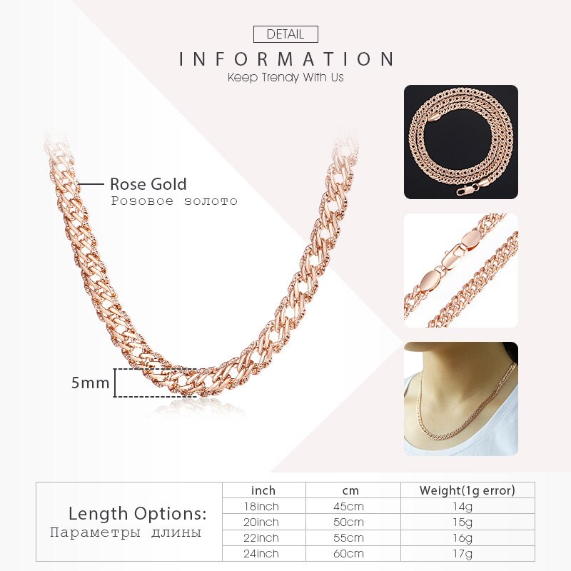 Rose Gold Necklace for Women Cuban Link Chain 585 Rose Gold Filled Womens Necklaces Chain Jewelry 5mm 50cm 55cm 60cm DLGN453: GN453 / 18inch 45cm