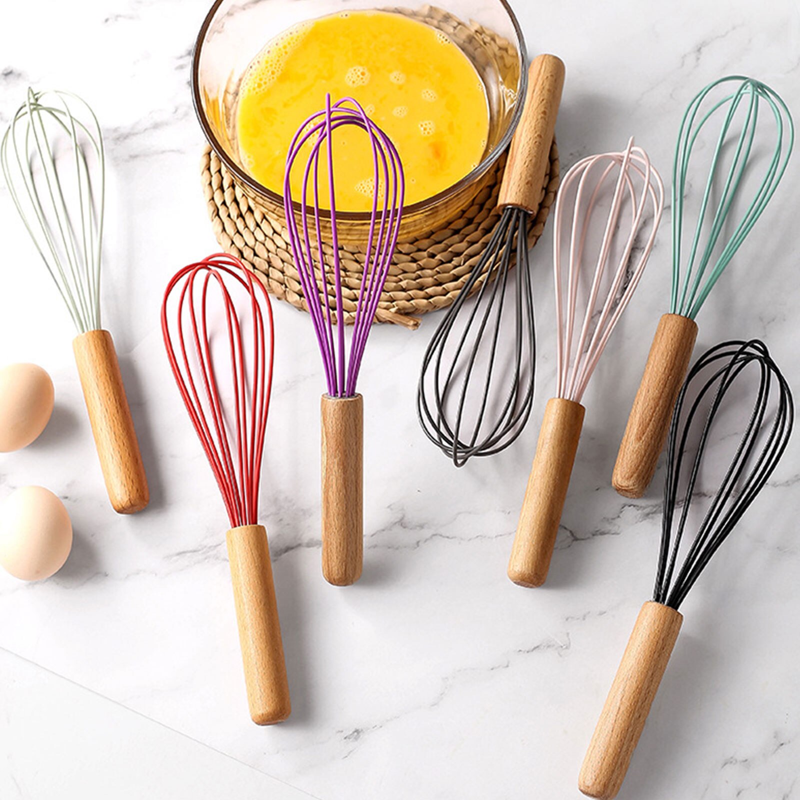 Silicone Whisk Non-Slip Easy Clean Egg Beater Milk Frother Kitchen Utensil Wooden Handle Egg Beater Tool