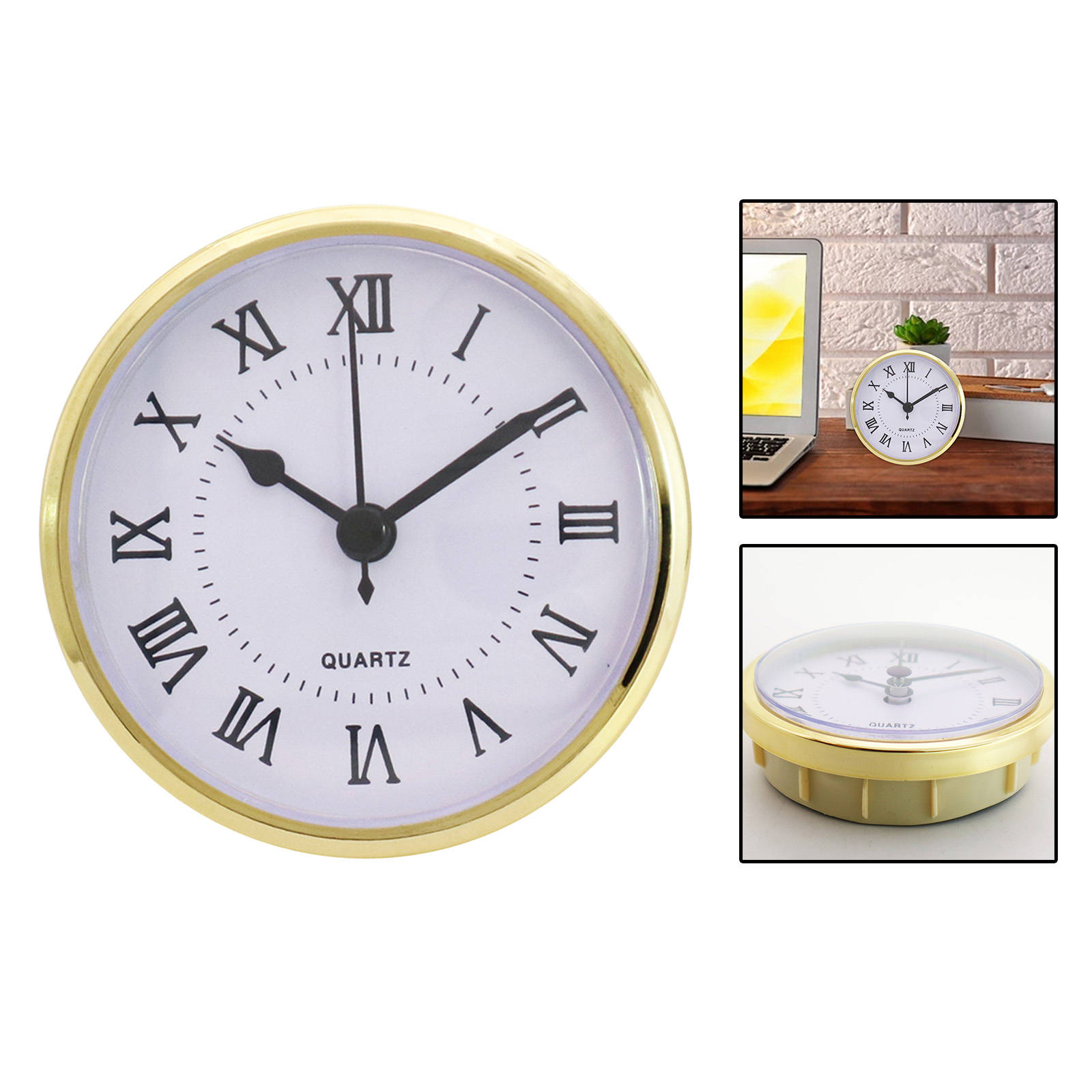 3.54inch Round Quartz Clock Insert with Roman Numerals White Face Gold Trim