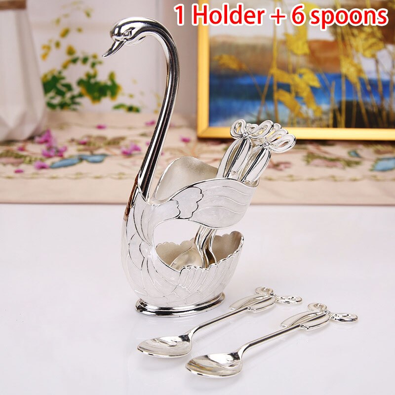 Stainless Steel Swan Fruit Base Holder Forks Salad Dessert Forks Coffee Spoon Cake Tableware Zero Waste Flatware Holder Cutlery: sliver