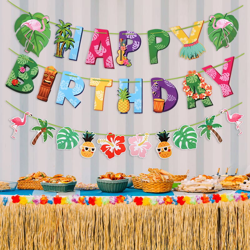 Decoración de hawaiana, guirnalda de feliz cumpleaños, cartel de piña y flamenco de dibujos animados, adornos para pastel, decoración de de boda Luau de verano