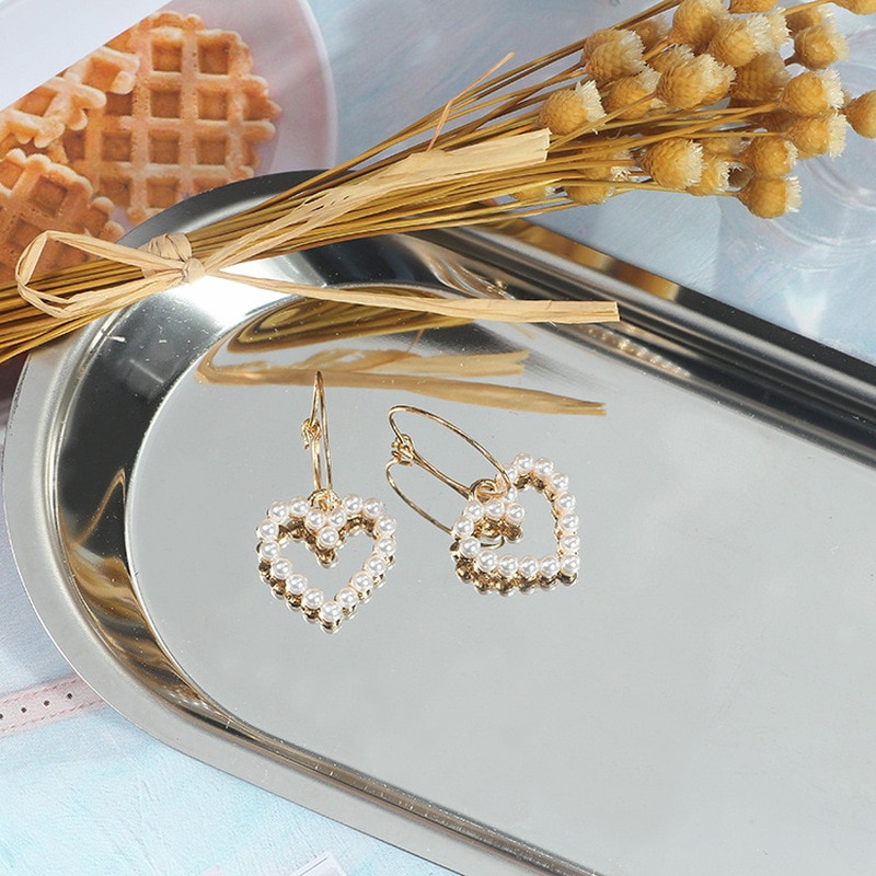 1Pair Love Heart Earrings Gold Color For Women Ladies Girls Korean Style Party Wedding Jewelry Pearl Dangle Earring