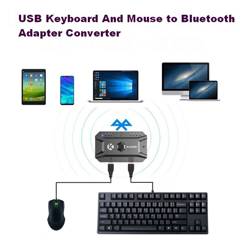 Convertidor USB para teclado y ratón, dispositivo con Bluetooth 5,0, de cable a adaptador inalámbrico, compatible con 8 dispositivos para tableta, ordenador portátil, PC, móvil, Hub USB
