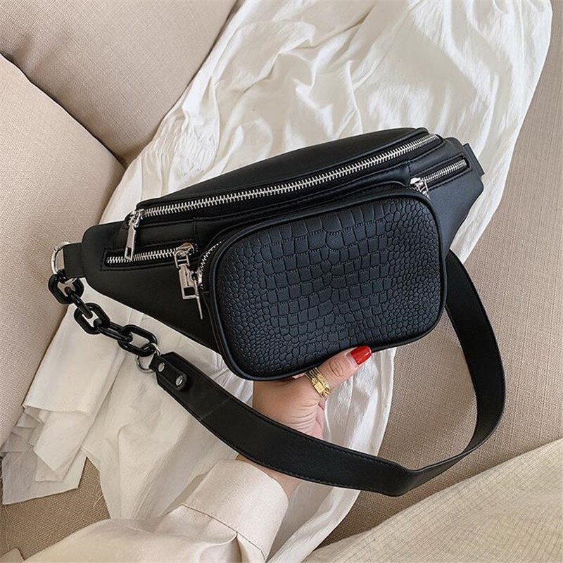 Taille Taschen Für Frauen Stein aufbringen Leder Kette Taille Tasche Gürtel Freizeit Brust Pack Frauen Schulranzen Bauch Band Gürtel tasche 40#: Schwarz