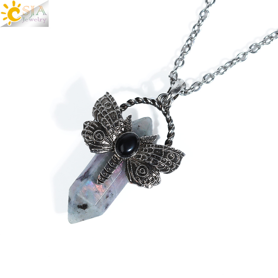Collar de libélula, colgante de cristal de piedra Natural, fluorita curativa, labradorita, cristal blanco, labradorita, amatistas, joyería H479: Chapado en cobre envejecido