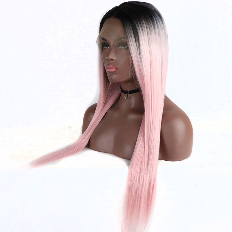 Bombshell sort ombre pink lige syntetisk blonde front paryk varmebestandigt fiber hår naturlig hårgrænse midterskilning til kvinder