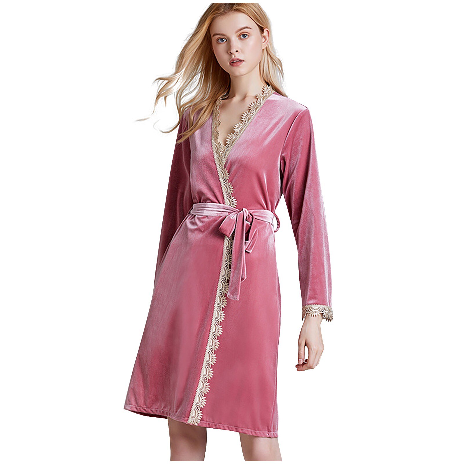 Damen Bademantel Koralle - Flanell Fleece Langer Bademantel Mit Gürtel