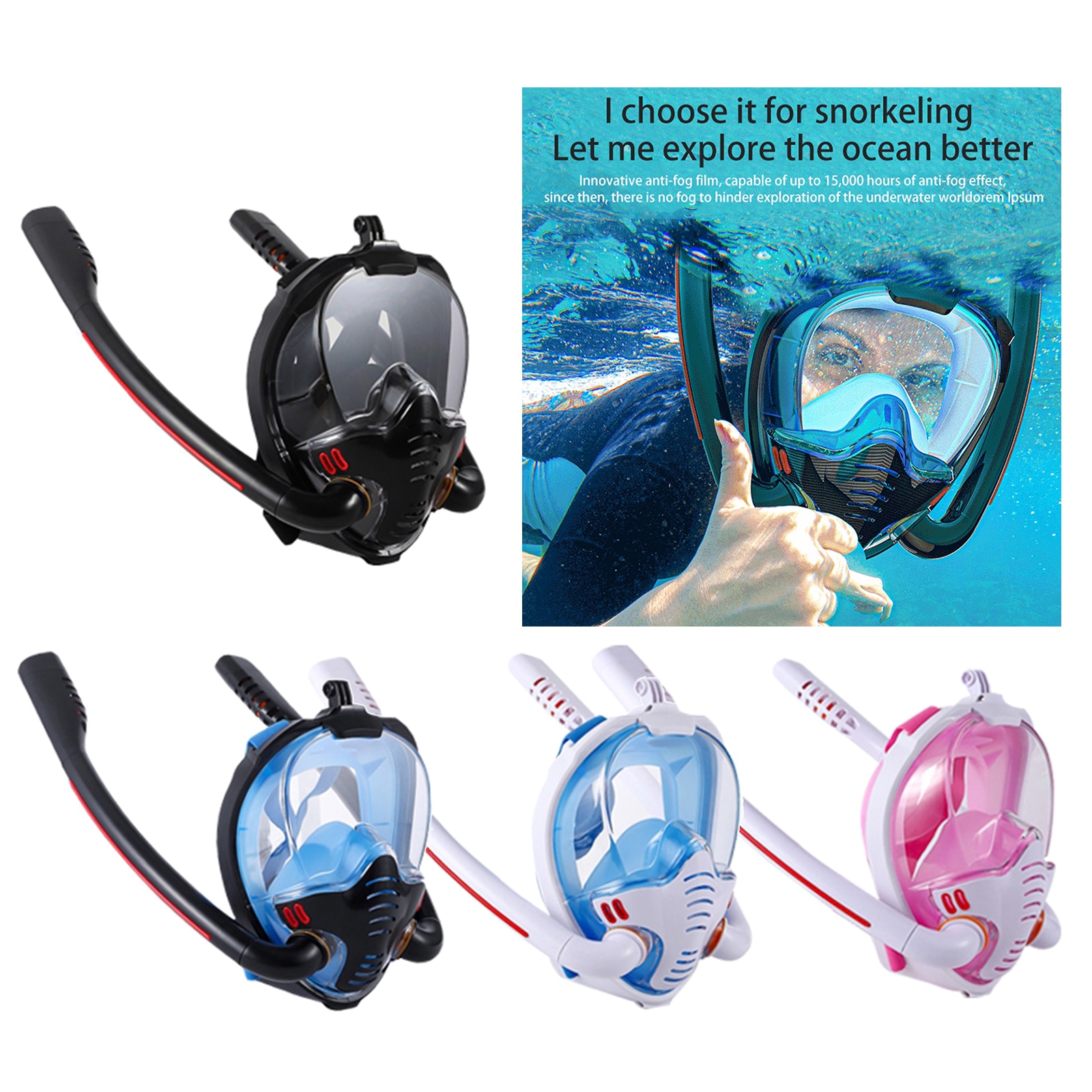 Sammenleggbar vanntett dykking full ansikts snorkel maske 180 graders anti-tåke snorkel svømme snorkel utstyr for voksne snorkel briller