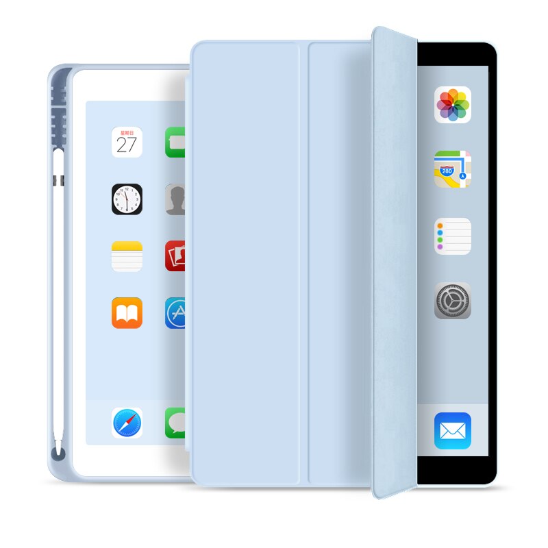 Fodral för ipad 7th generation smart skal med pennhållare för ipad 7 slim hopfällbart ställ silikonfodral för ipad 10.2 funda: Ljusblå