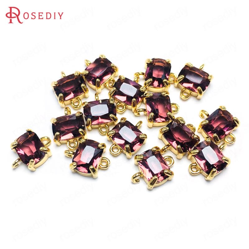 (38230)6PCS 8x10MM 24K Champagne Gold Color Brass and Glass 2 Holes Rectangle Connect Charms Pendants Diy Findings Accessories: Brown Purple