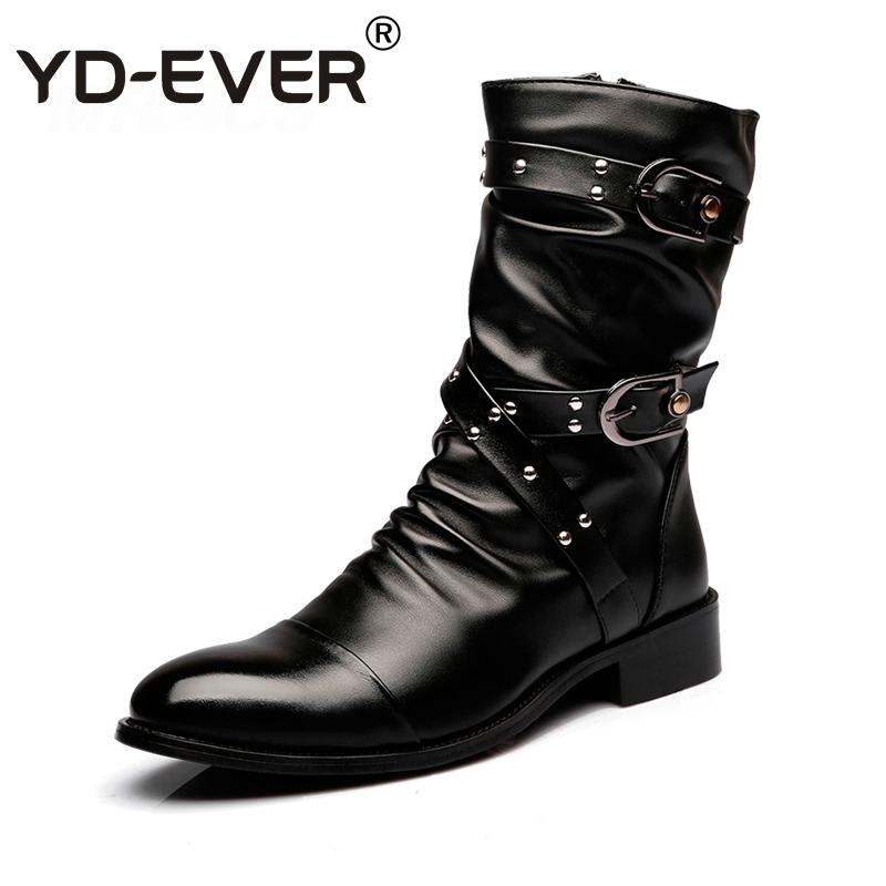 Botas de cuero con hebilla de cinturón para hombre, zapatos góticos con remaches de Metal, por debajo de la rodilla, para primavera y otoño, YD-EVER
