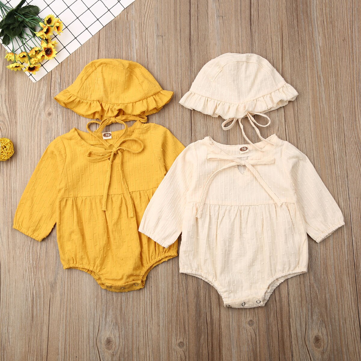 0-24M Pasgeboren Baby Jongen Meisje Met Lange Mouwen Effen Kleur Katoen Bodysuit Jumpsuit Hoed 2 STUKS Outfits Baby kleding