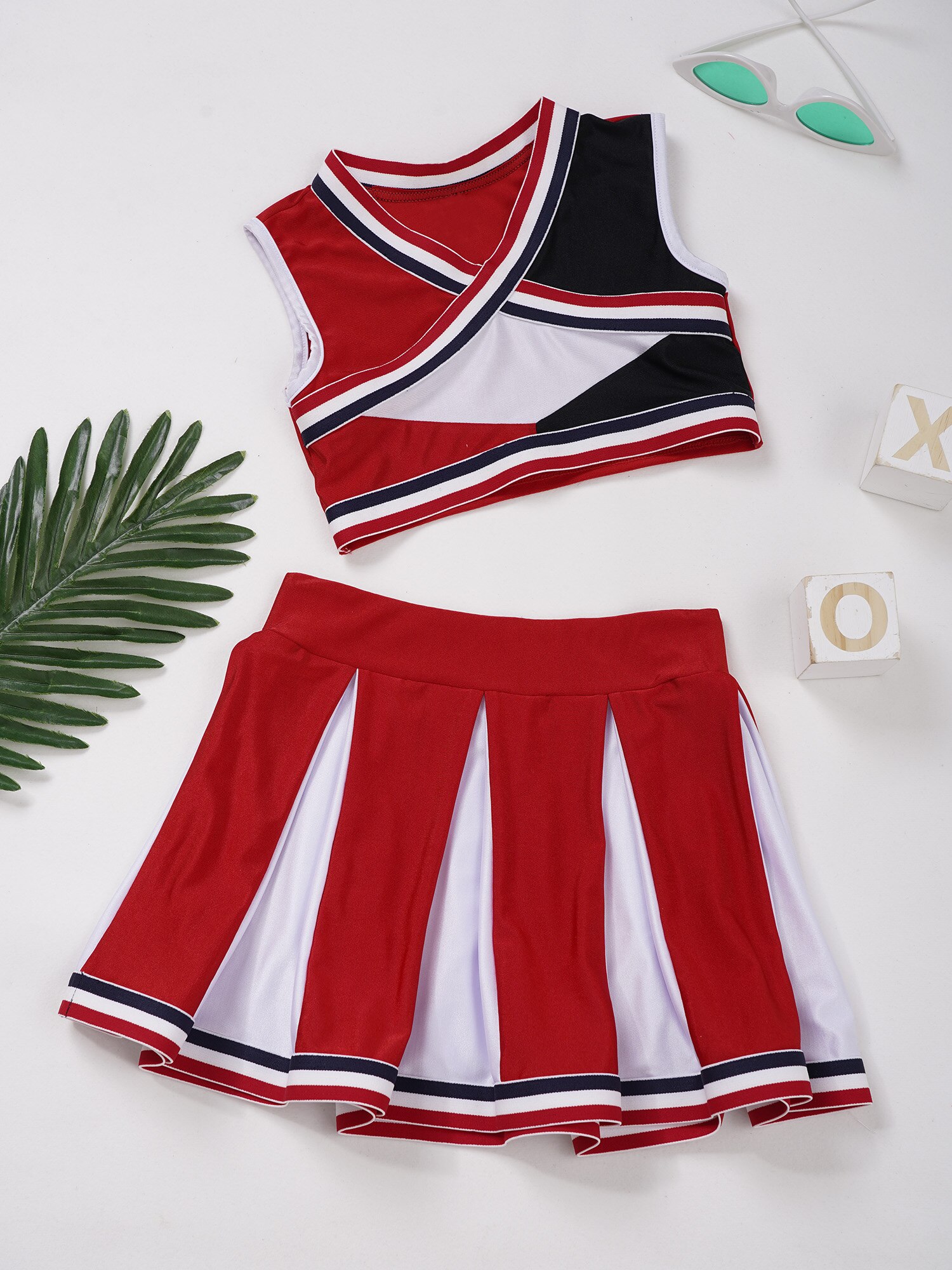 Kids Meisjes Cheerleading Dance Kleding Set V Hals Crop Top Met Elastische Tailleband Geplooide Rok Carnaval Cheerleader Outfit