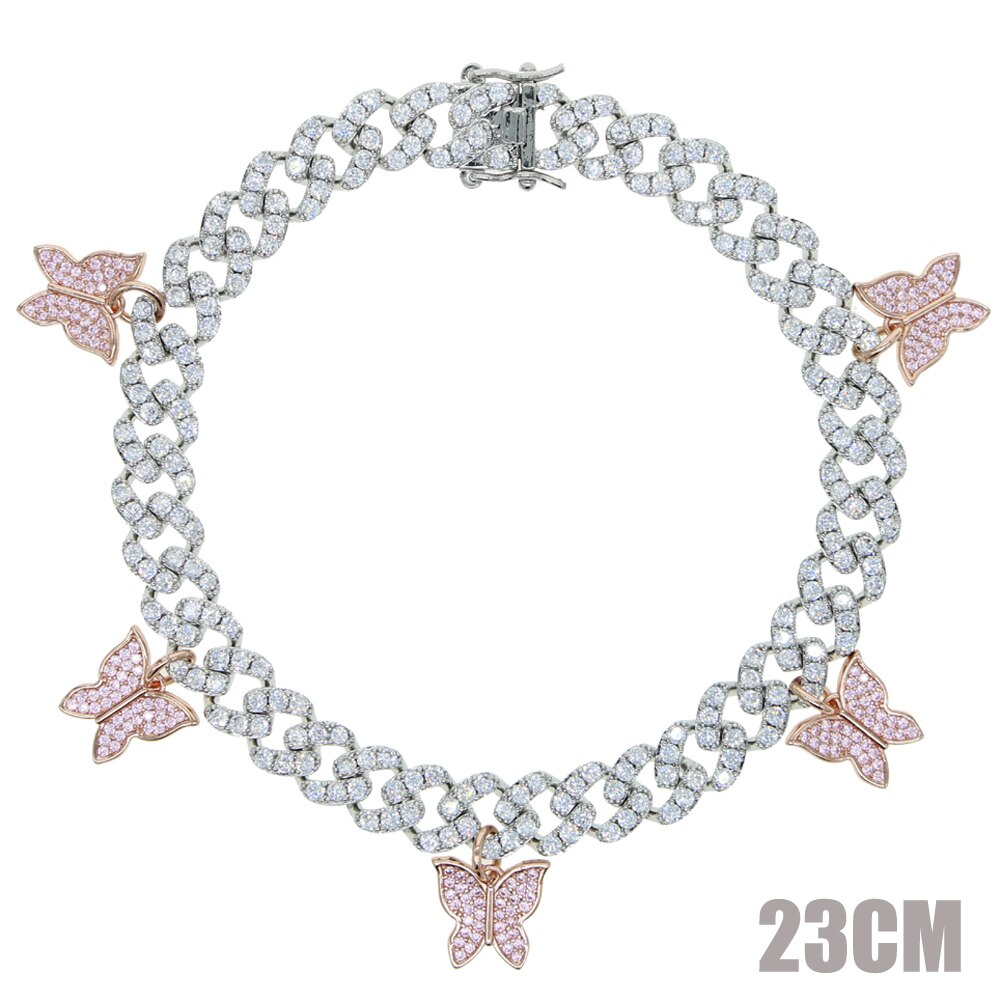 Parking Cz Baguette Vlinder Enkelbandje Sieraden 9Mm Iced Out Bling Cz Miami Cubaanse Link Zilveren Kleur Enkelband Vrouwen hiphop Sieraden: Silver Pink 23cm