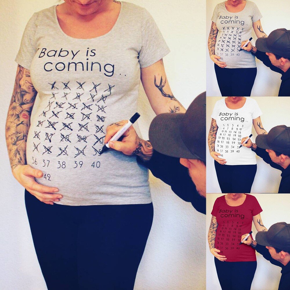 Baby Ist Kommende Druck T-Shirt Frauen Mutterschaft Kleidung Schwangere Kurze T Shirt Lustige oben für Fotografie Foto Schießen Plus Größe