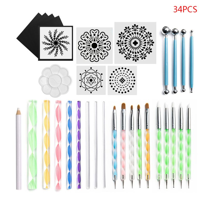47 teile/satz Mandala Punktierung Werkzeuge für Malerei Felsen Stein Stift Schablone Schablone Pinsel Tablett Bausatz: 5AC1103146