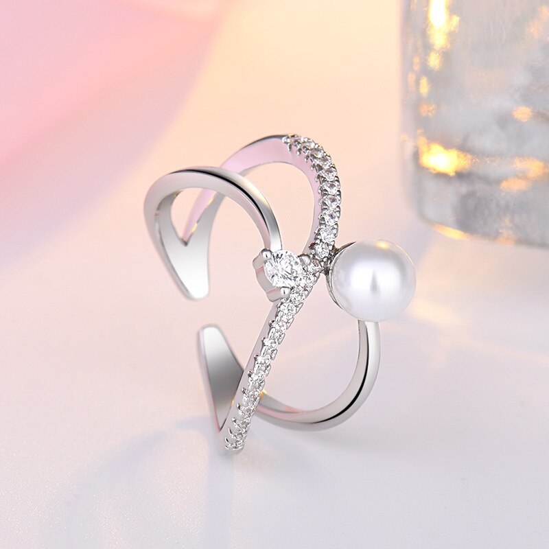 Women's rings, 925 silver jewelry, pearl, zircon gemstones, open finger ring accessories for wedding, engagement, party