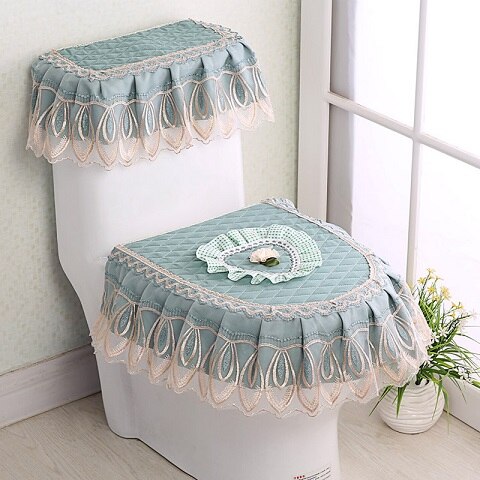 Asiento de inodoro de encaje para baño, cubierta de tanque de agua, Cubierta superior, juego de almohadillas de inodoro, cojín Protector de inodoro con estampado Floral de tres piezas: 11