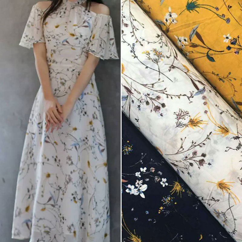 Blød hvid / gul / blå lille blomster stretch chiffon print tyl kvinders kjole skjorte, ved måleren