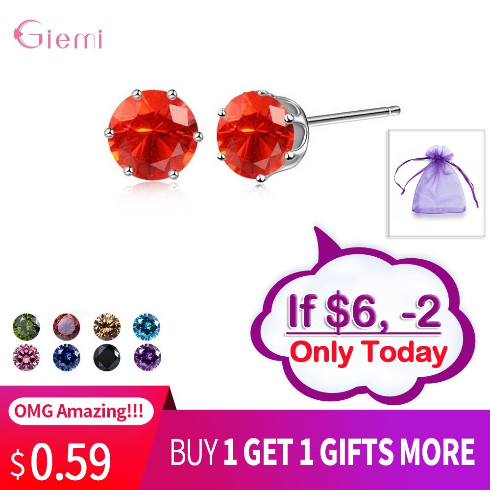 Cubic Zirconia CZ Stone 6MM Jewelry Stud Earrings 925 Sterling Silver Earrings Women 20 Colors: Color14