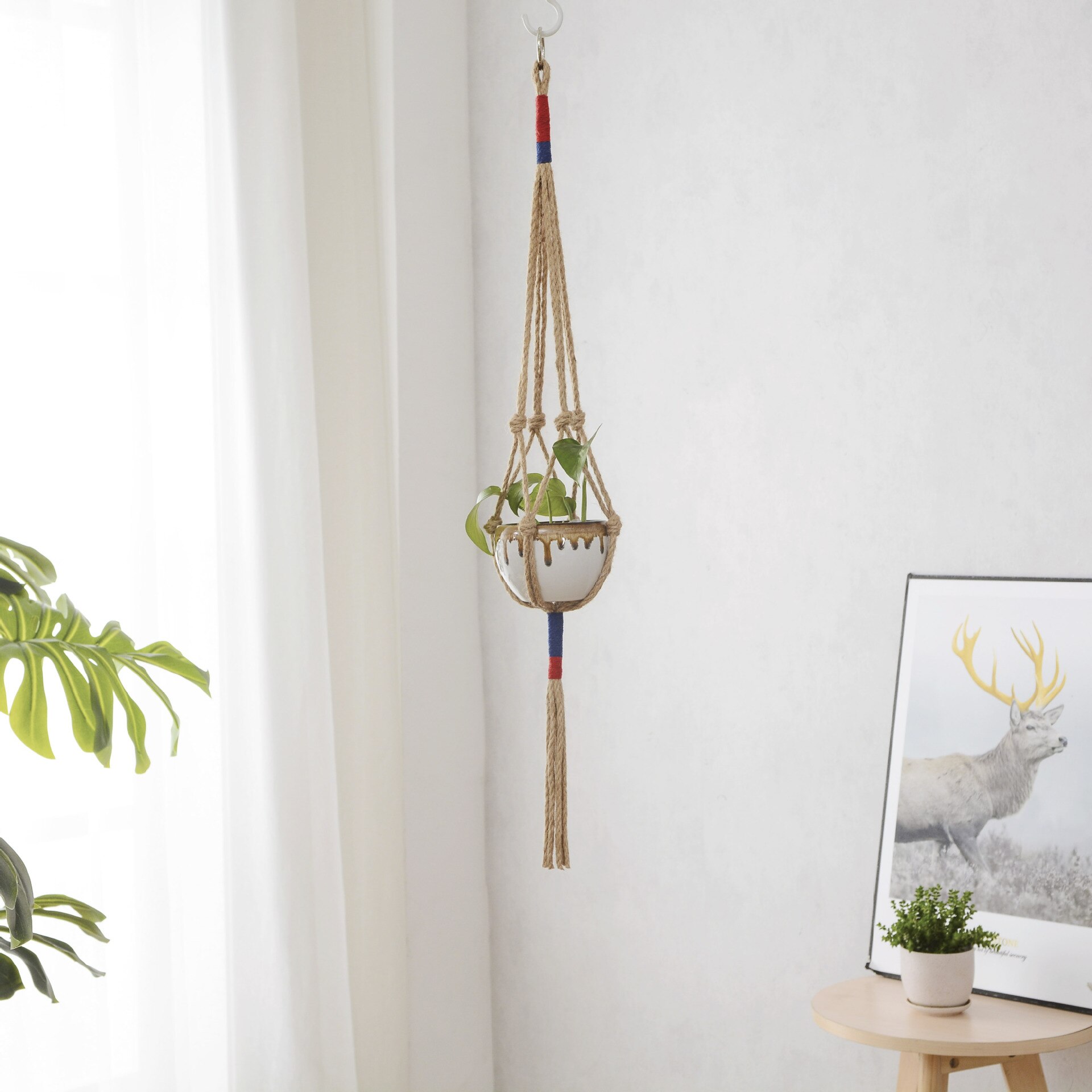 Huishoudelijke tuin handgeweven touwzak, eenvoudige stijl tuinieren natuurlijk henneptouw bloempot groene plant hangend type tuck net