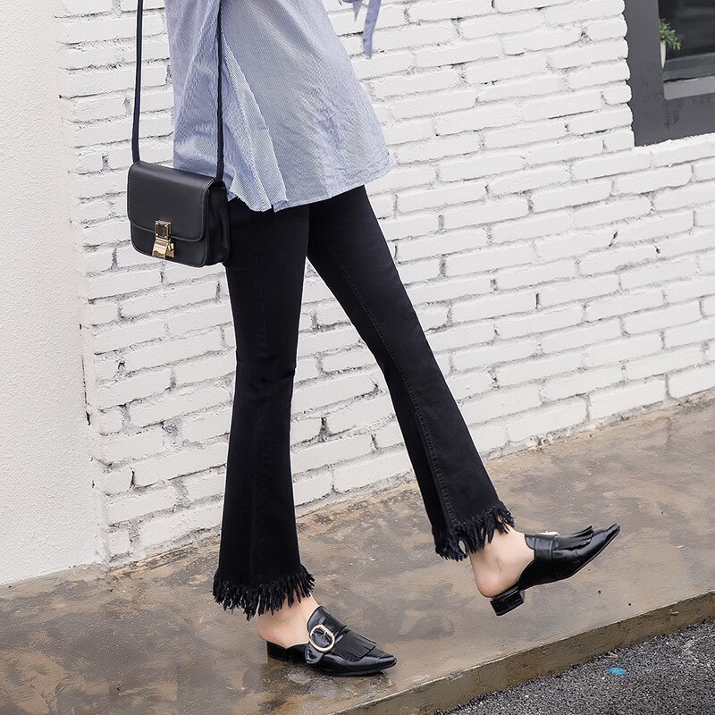 Maternity Jeans High Waist Black Tassel Flare Pants for Pregnant Women Boot Cut Stretch Solid Pregnancy Denim Jeans S-XXL