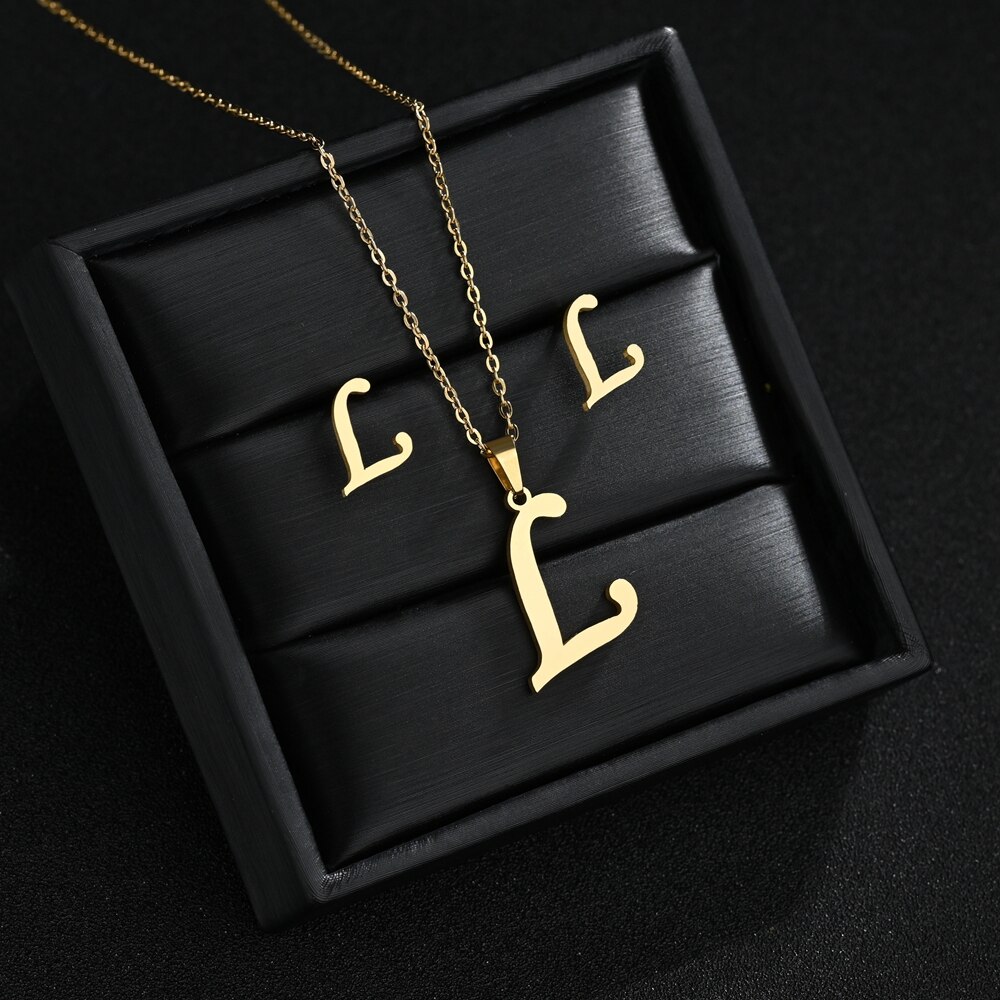 A-Z Edelstahl Ersten Halskette Und Ohrringe Schmuck Sets Alphabet Anhänger Kette Brief Zubehör: L