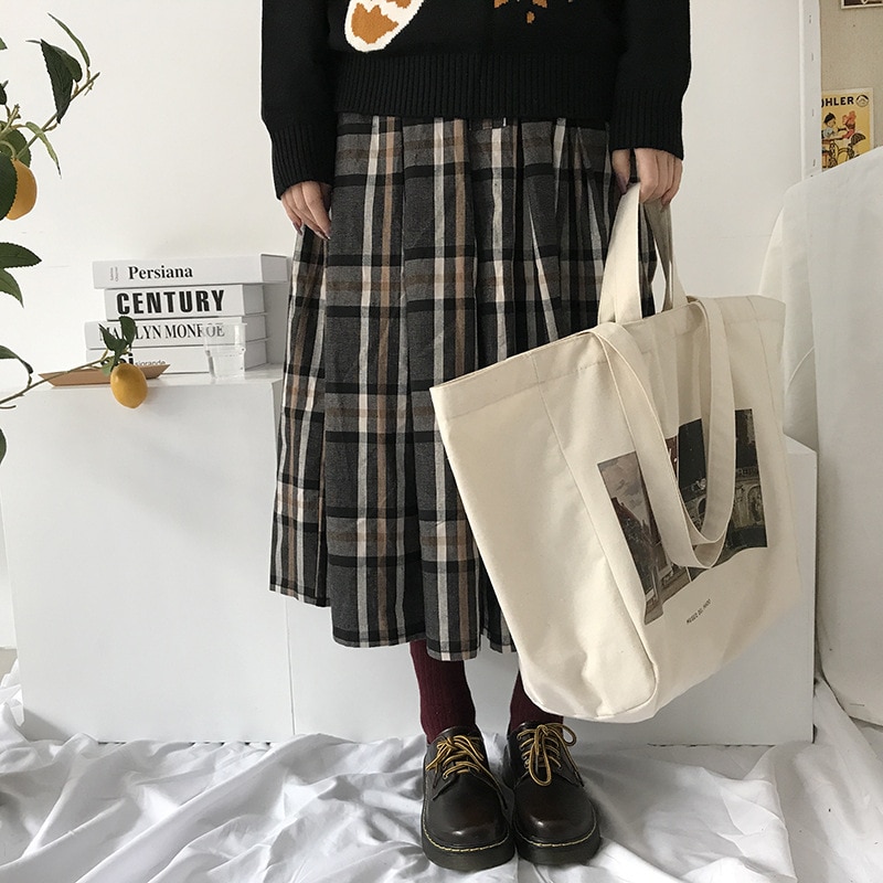 Sac de Shopping en toile pour femmes, sac à bandoulière en tissu de coton , fourre-tout d'épicerie réutilisable