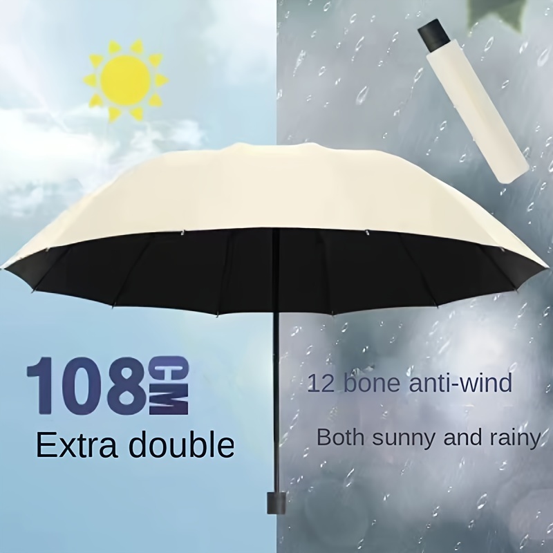 Paraguas plegable súper grande acanalado, resistente al viento e impermeable, refugio para la lluvia Pongee 170T reforzado, mango de goma, varillas de hierro, 12 nervaduras: Rojo