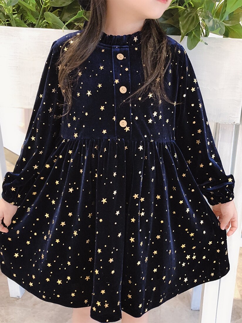 2-8 Years Fancy gold stars blue velvet Dress for Girls Princess bling bling Birthday Party Dresses Kids Dresses for Baby