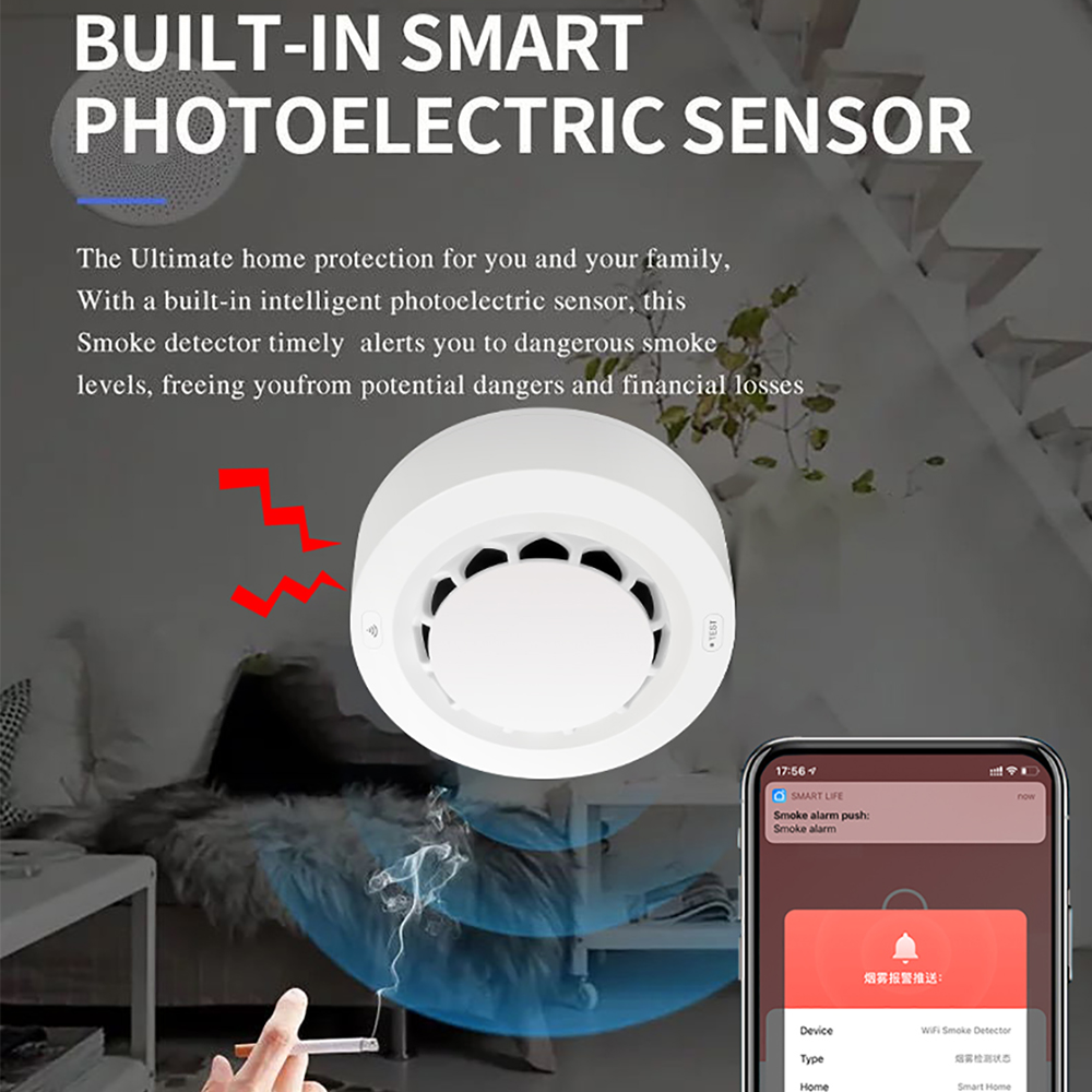 Tuya WiFi Smoke Alarm Fire Protection Smoke Detector Smokehouse Combination Fire Alarm Home Security System Firefighters