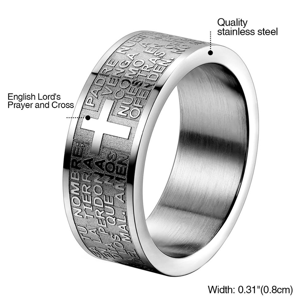 Mens 316L Stainless Steel Ring Spanish Lord&#39;s Prayer Bible Cross 8mm Band silver color anillos hombre mens jewellery