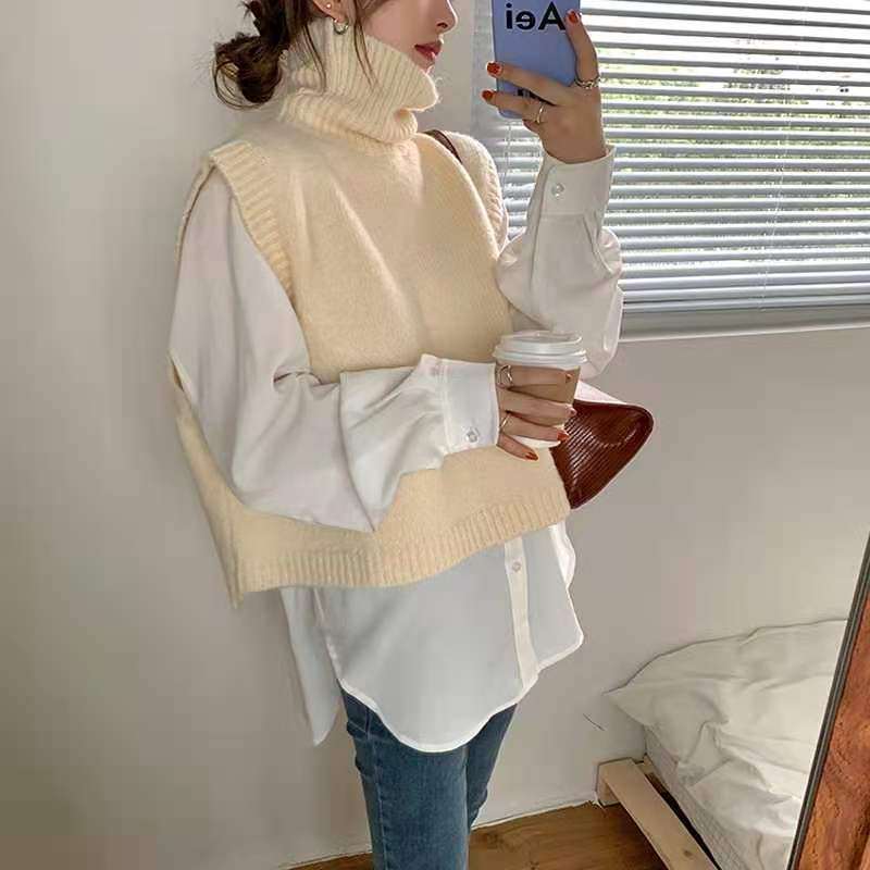Mjuk ulltröja väst kvinnor vinter koreansk stil vintage turtleneck ärmlös tröja lös väst stickad linne  t561