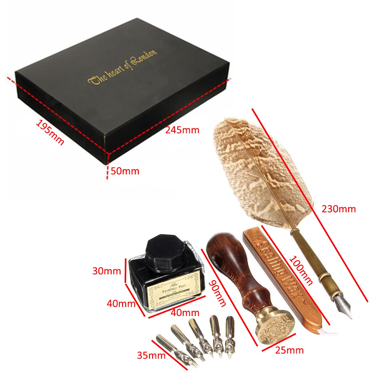 1 Set Antique Owl Feather Quill Dip Pen Writing Ink Set Stationery with Box