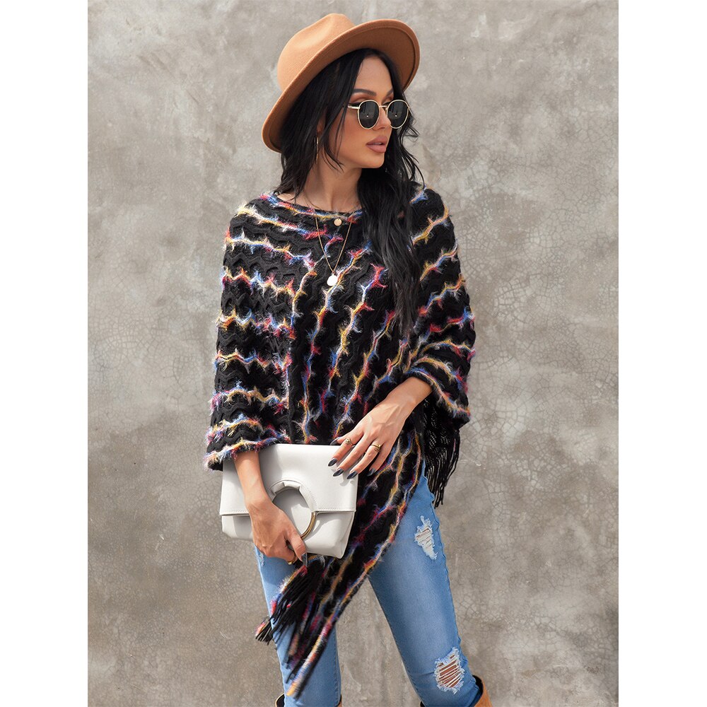 Women Colorful Striped Shawl Cloak Round Neck Wave Pattern Bat Sleeve Tassel Knitted Pullover Sweater for Streetwear